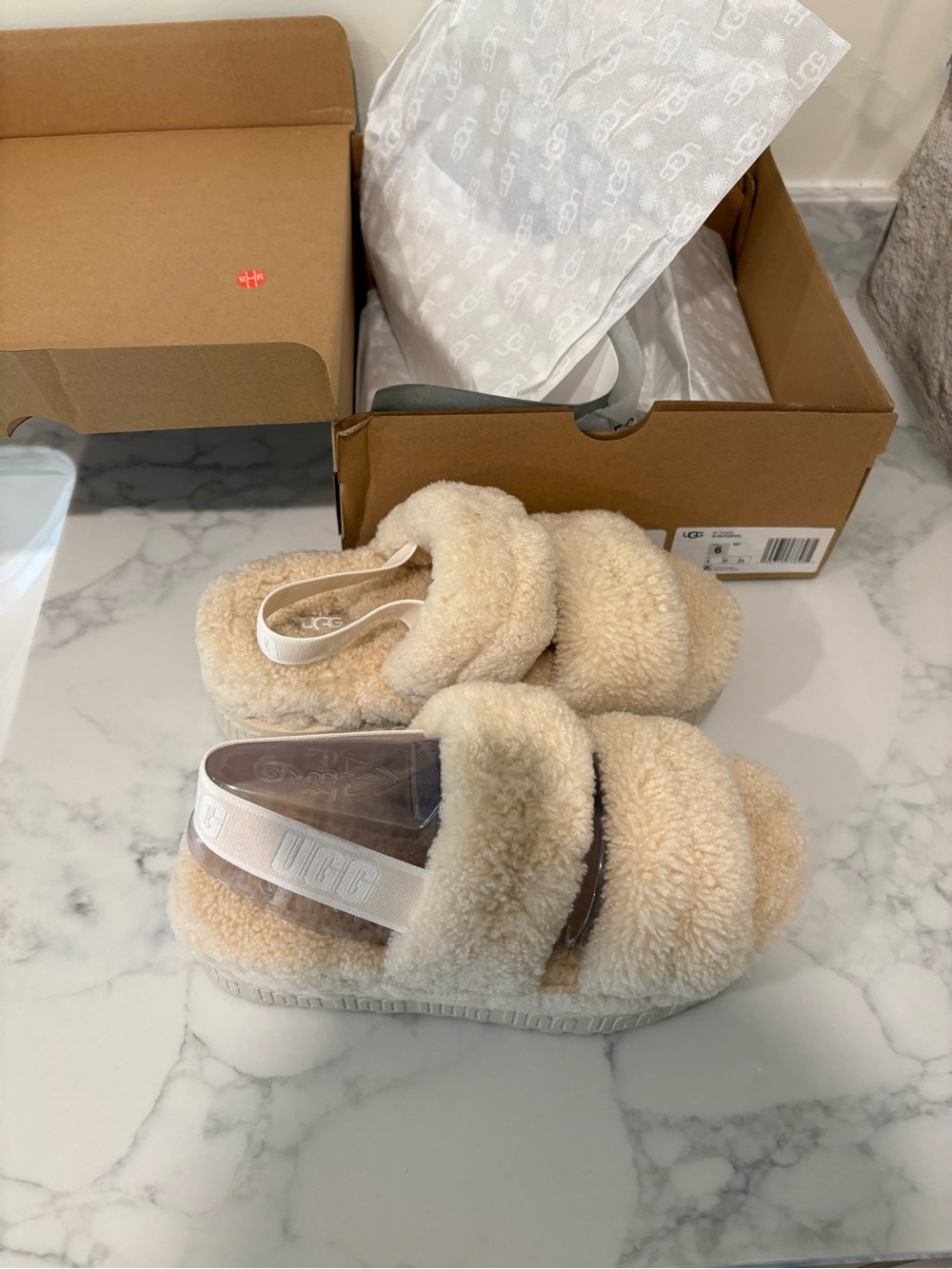 NEW UGG Cream Fluff Strap Slide Sandals